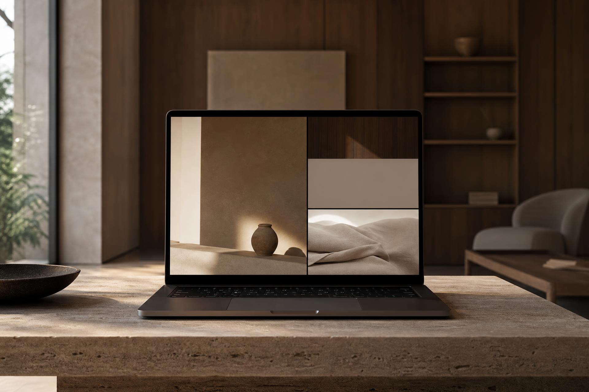 Elegant editorial hjemmeside vist i et arkitektonisk rum