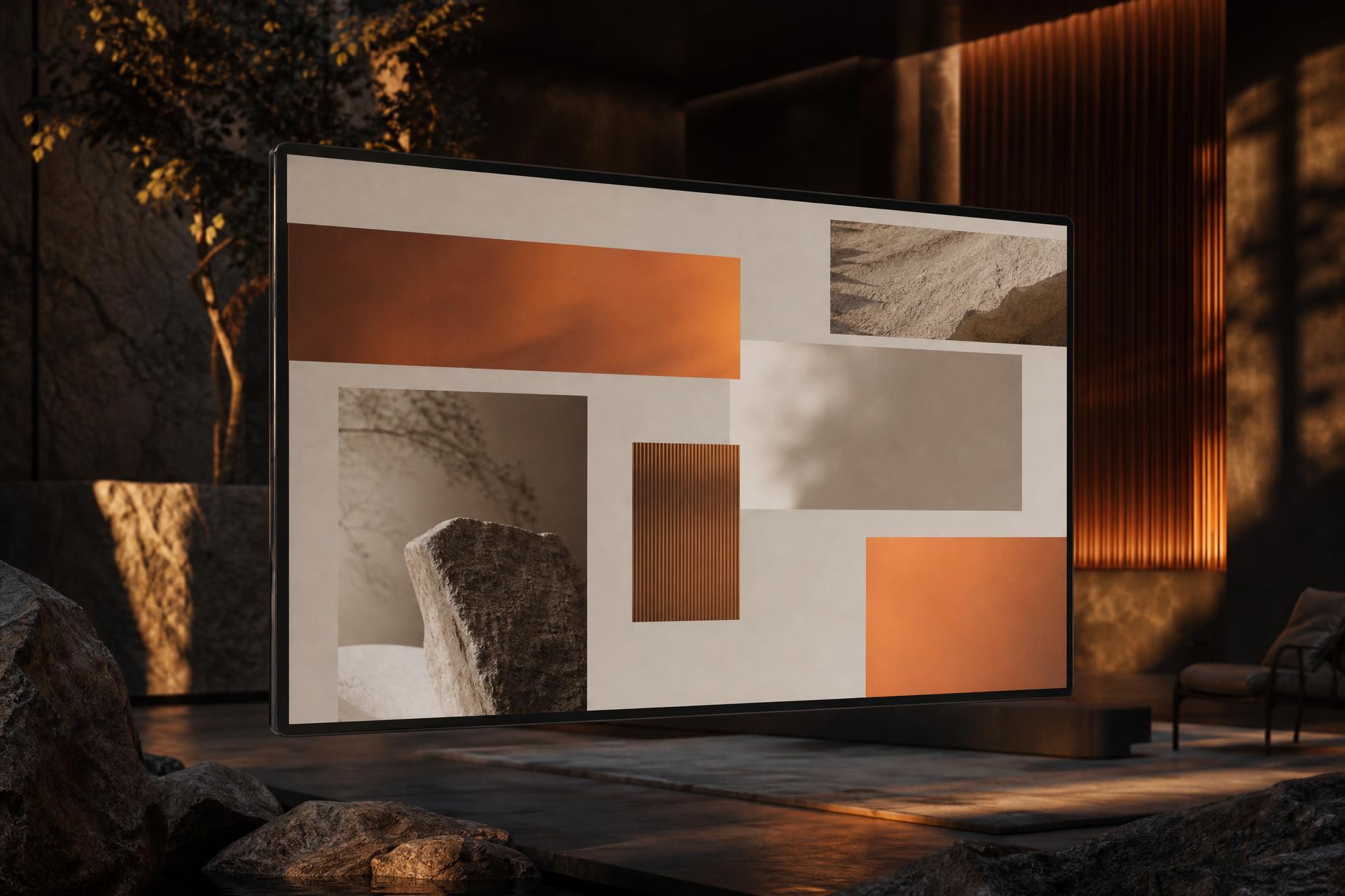 Elegant Scandinavian hotel website floating in a warm architectural space